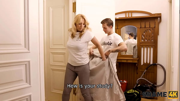 SHAME4K. Boy follows mature blonde to the shower room and fucks her