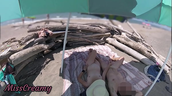 #2 Exhibitionist Wife Outdoor Amateur Milf Handjob Big Cock on Nudity Beach public in front of voyeur with cumshot - MissCreamy