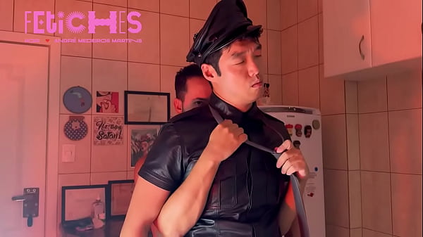 LEATHER - dominant oriental is worshiped by bearded man