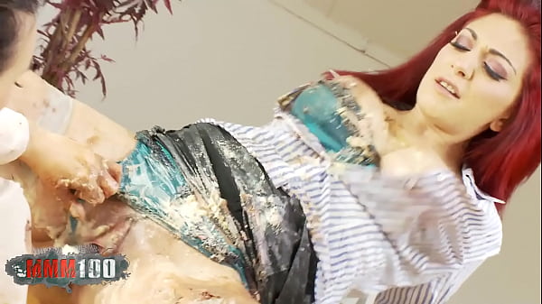 Two busty babes in food porn lesbian scene